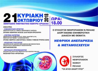ΝΕΦΡΙΚΗ ΑΝΕΠΑΡΚΕΙΑ & ΜΕΤΑΜΟΣΧΕΥΣΗ / ΤΗΝ ΚΥΡΙΑΚΗ 21 ΟΚΤΩΒΡΙΟΥ 2018 ΚΑΙ ΩΡΑ 6.00 μ.μ. ΣΤΟ ΞΕΝΙΤΙΔΕΙΟ ΠΝΕΥΜΑΤΙΚΟ ΚΕΝΤΡΟ ΑΡΙΔΑΙΑΣ